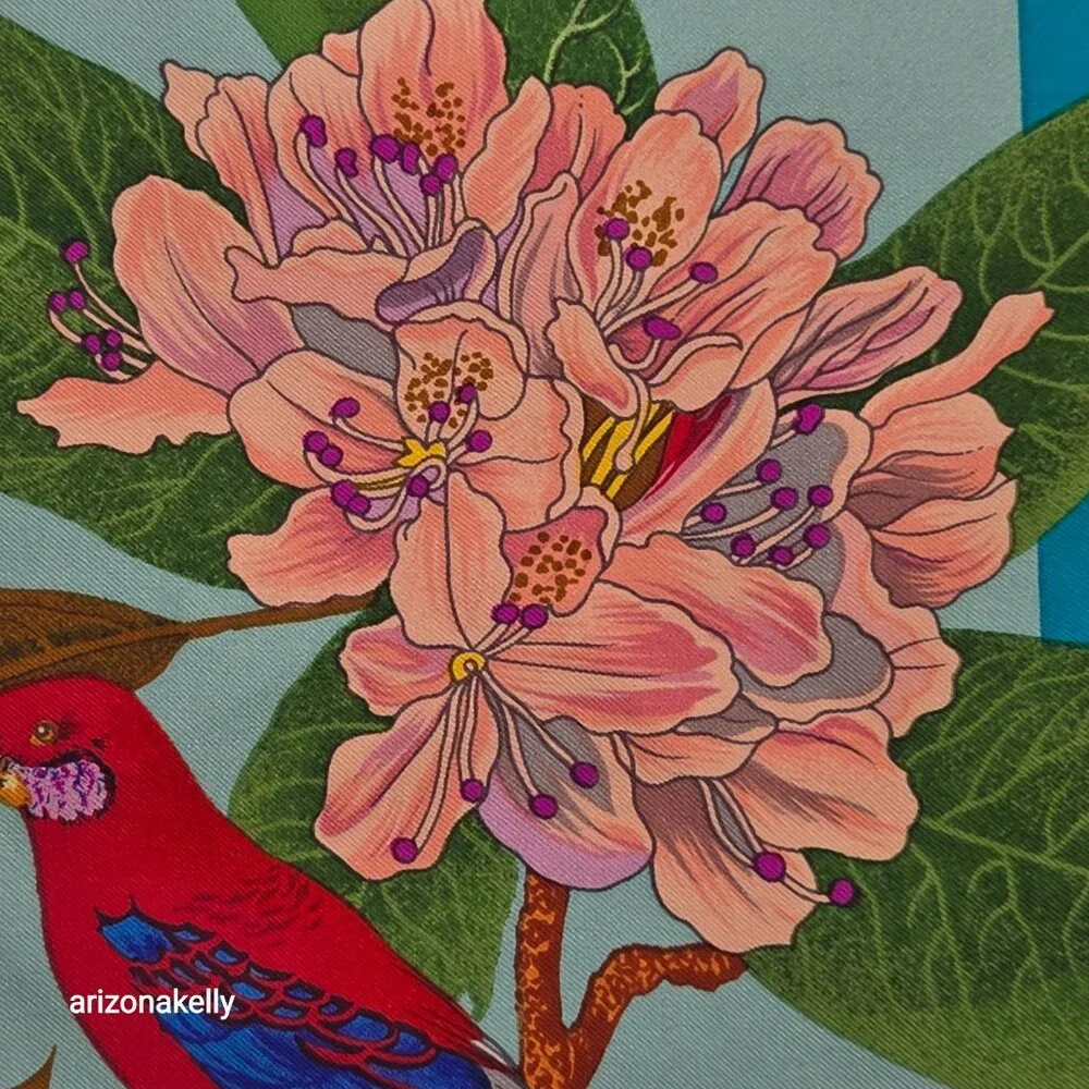 Vintage Silk Scarf Parrots Bird Hand Rolled Edges
